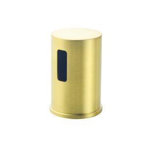 Brushed gold or brass cylindrical soap dispenser with dark rectangular window and polished top
