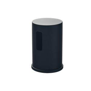 Matte black cylindrical soap or lotion dispenser with frosted top and rectangular window panel