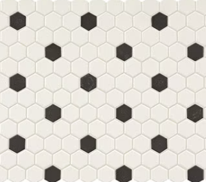 Black hexagonal mosaic tiles on light beige background in regular grid pattern