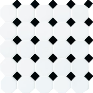 White octagonal tiles arranged in a classic pattern with small black diamond accents between each tile