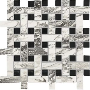 Modern geometric tile design combining black squares with white and gray marble rectangles
