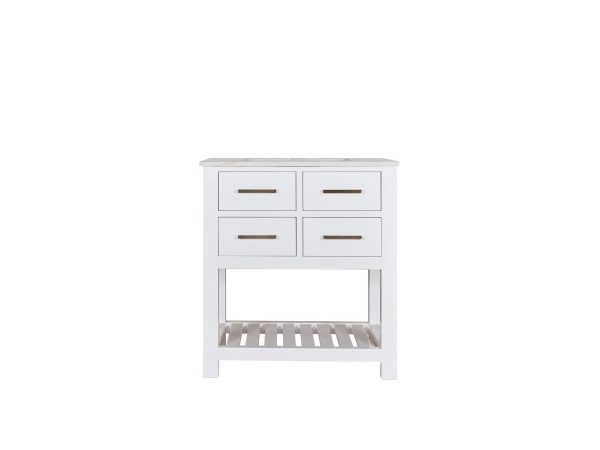 White bathroom vanity with light gray top, 4 drawers arranged in 2x2 layout, and open wooden shelf base