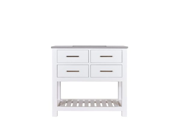 White bathroom vanity with gray top, 4 drawers in 2x2 grid configuration, and open slatted shelf underneath