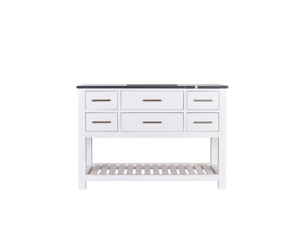 White bathroom vanity with dark top, 6 drawers arranged in 3 columns with 2 rows, and open shelf below