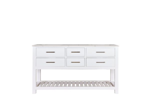 White console table with six drawers and slatted shelf below