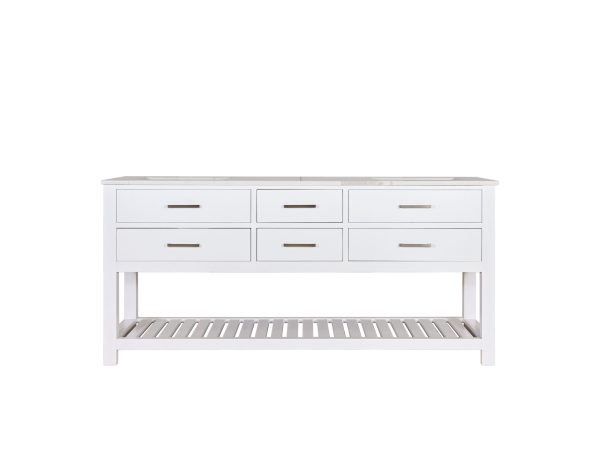 White console table with six drawers and open shelf below