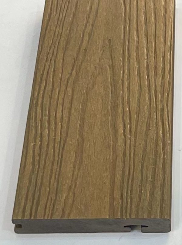 Close-up of light tan oak wood grain textured flooring sample with interlocking edge profile