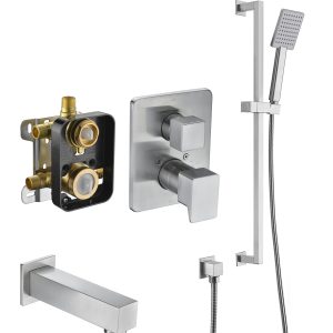 Chrome bathroom shower system components including showerhead, handheld shower, valve trim, tub spout, and mixing valve