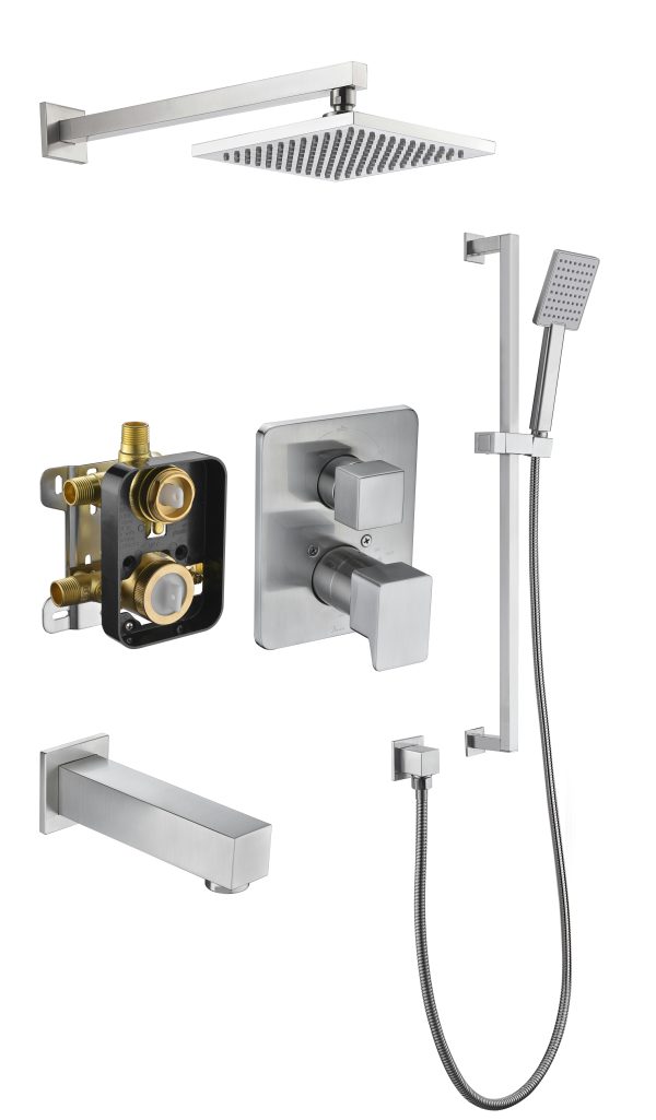 Chrome bathroom shower system components including showerhead, handheld shower, valve trim, tub spout, and mixing valve