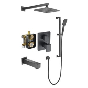 Matte black shower system with square rainfall showerhead, handheld spray, dual handle valve, and tub spout