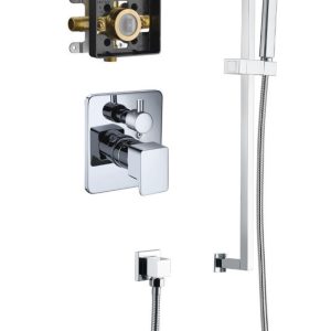 Chrome shower system with rainfall showerhead, handheld spray, wall-mounted valve, and tub spout