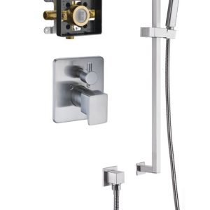 Chrome and brushed nickel shower system with square rainfall showerhead, handheld shower wand on vertical rail, wall-mounted valve trim, and brass mixing cartridge