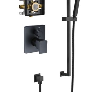 Matte black shower system with square rainfall showerhead, handheld shower wand on vertical bar, wall-mounted square valve trim, and brass cartridge