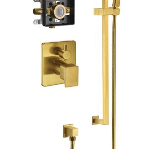 Brushed gold shower system with square rainfall showerhead, handheld shower wand, vertical rail, wall-mounted lever controls, and brass valve cartridge