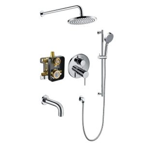 Complete chrome shower system with overhead rainfall showerhead, handheld shower wand, wall-mounted valve controls, brass mixing valve cartridge, and tub spout