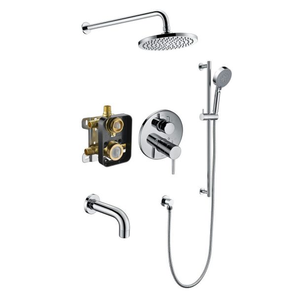 Complete chrome shower system with overhead rainfall showerhead, handheld shower wand, wall-mounted valve controls, brass mixing valve cartridge, and tub spout