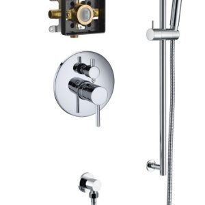 Chrome polished shower system featuring rainfall showerhead, handheld spray wand, and dual-handle thermostatic valve