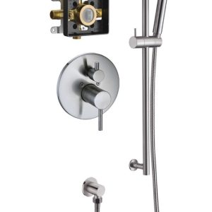 Brushed stainless steel shower system with rainfall showerhead, handheld sprayer, round valve, and integrated diverter