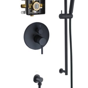 Matte black shower system with rainfall showerhead, handheld spray, round valve trim, and mixing valve cartridge
