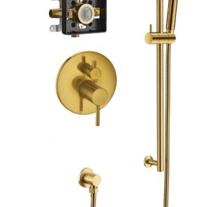 Brass gold shower system set with rainfall showerhead, handheld sprayer, thermostatic valve, and wall-mounted controls