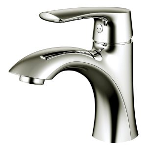 Chrome single-handle bathroom sink faucet with curved waterfall spout