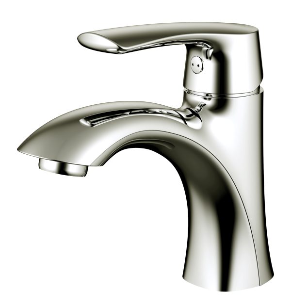 Chrome single-handle bathroom sink faucet with curved waterfall spout