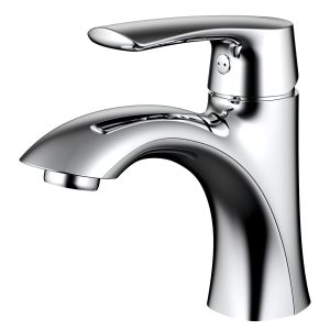Chrome single-handle bathroom sink faucet with curved spout and lever handle