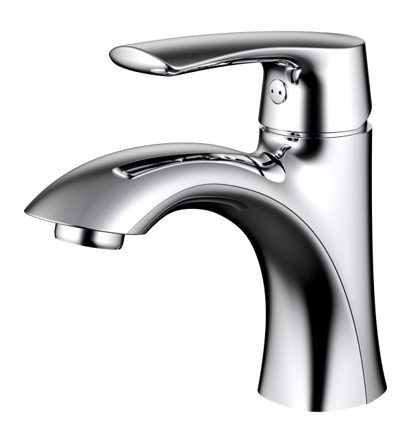 Chrome single-handle bathroom sink faucet with curved spout and lever handle