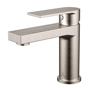 Brushed nickel single-handle bathroom sink faucet with rectangular spout and angular modern design