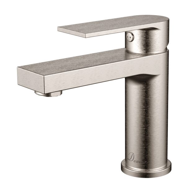 Brushed nickel single-handle bathroom sink faucet with rectangular spout and angular modern design