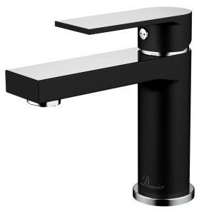 Black and chrome mixed-finish bathroom sink faucet with rectangular spout and control knob by Daweiier