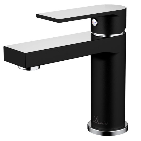 Black and chrome mixed-finish bathroom sink faucet with rectangular spout and control knob by Daweiier