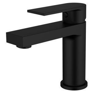 Matte black minimalist bathroom sink faucet with rectangular spout and cylindrical body