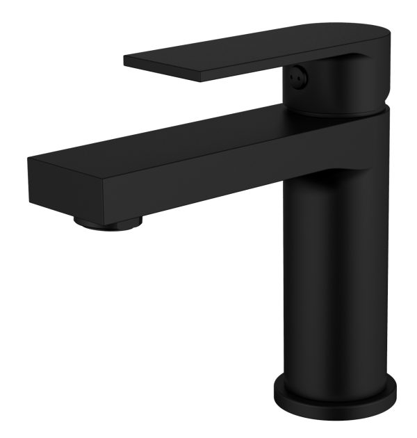Matte black minimalist bathroom sink faucet with rectangular spout and cylindrical body