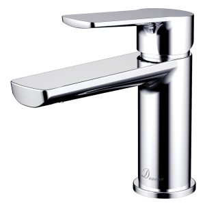Modern chrome single-handle bathroom sink faucet with curved spout and rounded edges by Daweiier