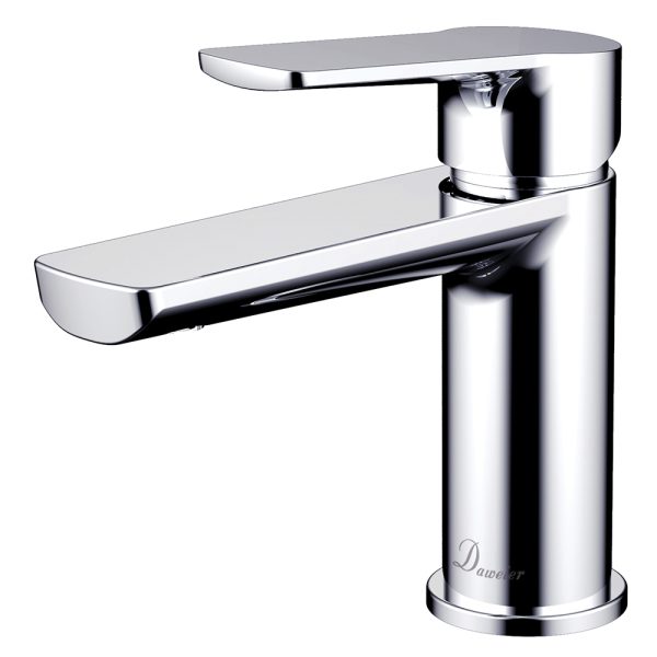 Modern chrome single-handle bathroom sink faucet with curved spout and rounded edges by Daweiier