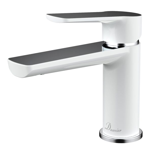 Modern white and black single-handle bathroom sink faucet with wide spout