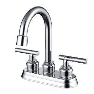 Chrome modern bathroom faucet with high curved spout and dual straight lever handles for widespread sink installation