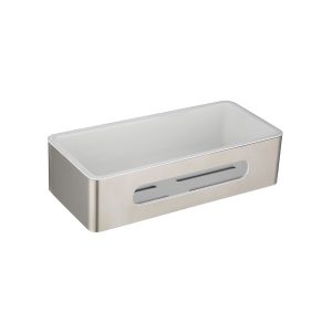 Beige and white tissue box holder with rounded corners and horizontal slot opening