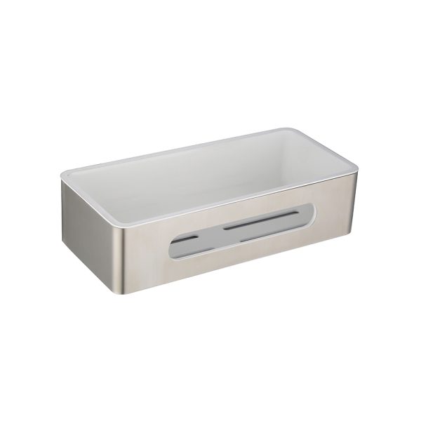 Beige and white tissue box holder with rounded corners and horizontal slot opening
