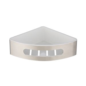 Corner bathroom storage shelf with curved white basin-style design and beige border trim