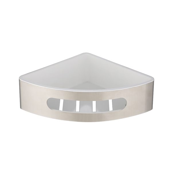 Corner bathroom storage shelf with curved white basin-style design and beige border trim