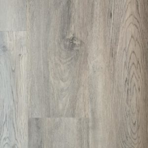 Medium gray wood-grain vinyl plank flooring with natural wood knots and variations