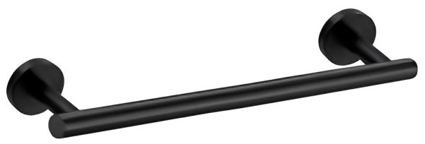 Black matte grab bar with two circular rosette plates on white background
