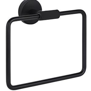 Black matte toilet paper holder with circular rosette plate and square ring on white background