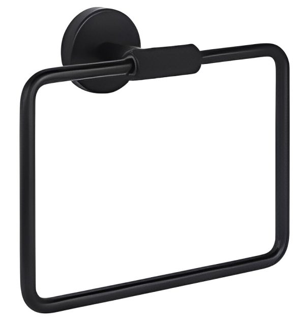Black matte toilet paper holder with circular rosette plate and square ring on white background