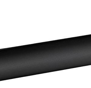 Black matte lever door handle with circular rosette plate on white background