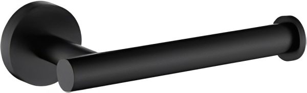 Black matte lever door handle with circular rosette plate on white background