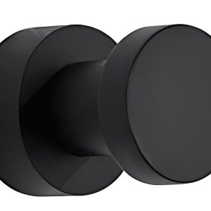 Black matte cylindrical door knob with circular rosette plate on white background