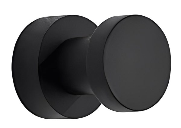 Black matte cylindrical door knob with circular rosette plate on white background